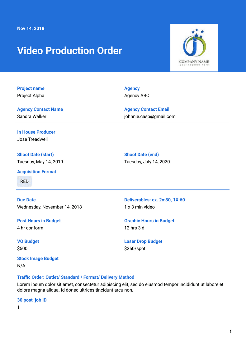 Video Production Order PDF Templates Jotform