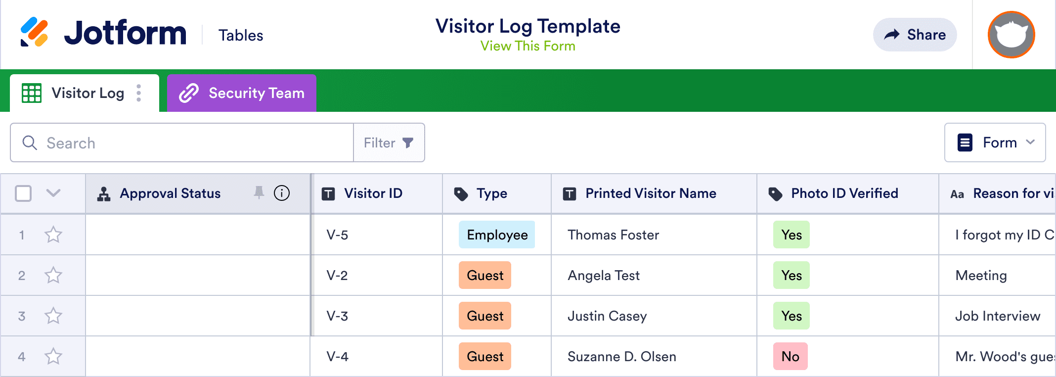 Visitor Log Template | Jotform Tables