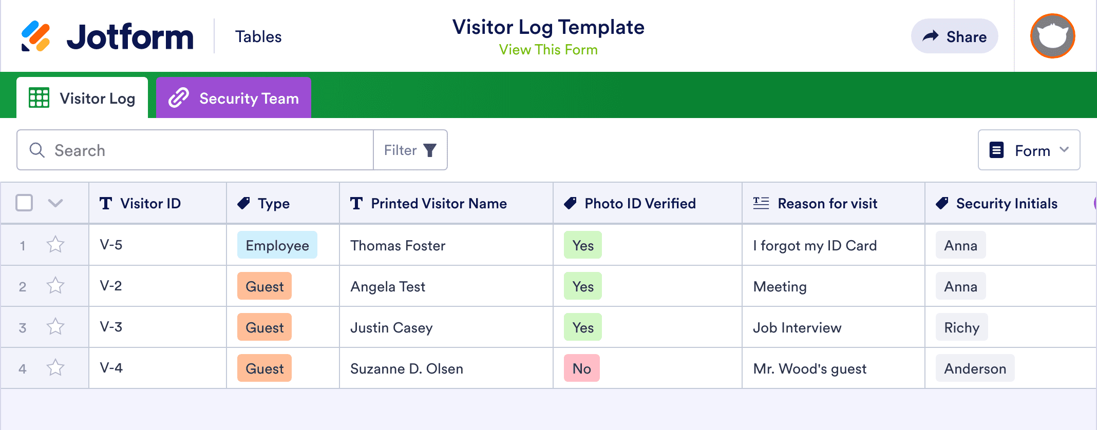 Visitor Log Template | Jotform Tables