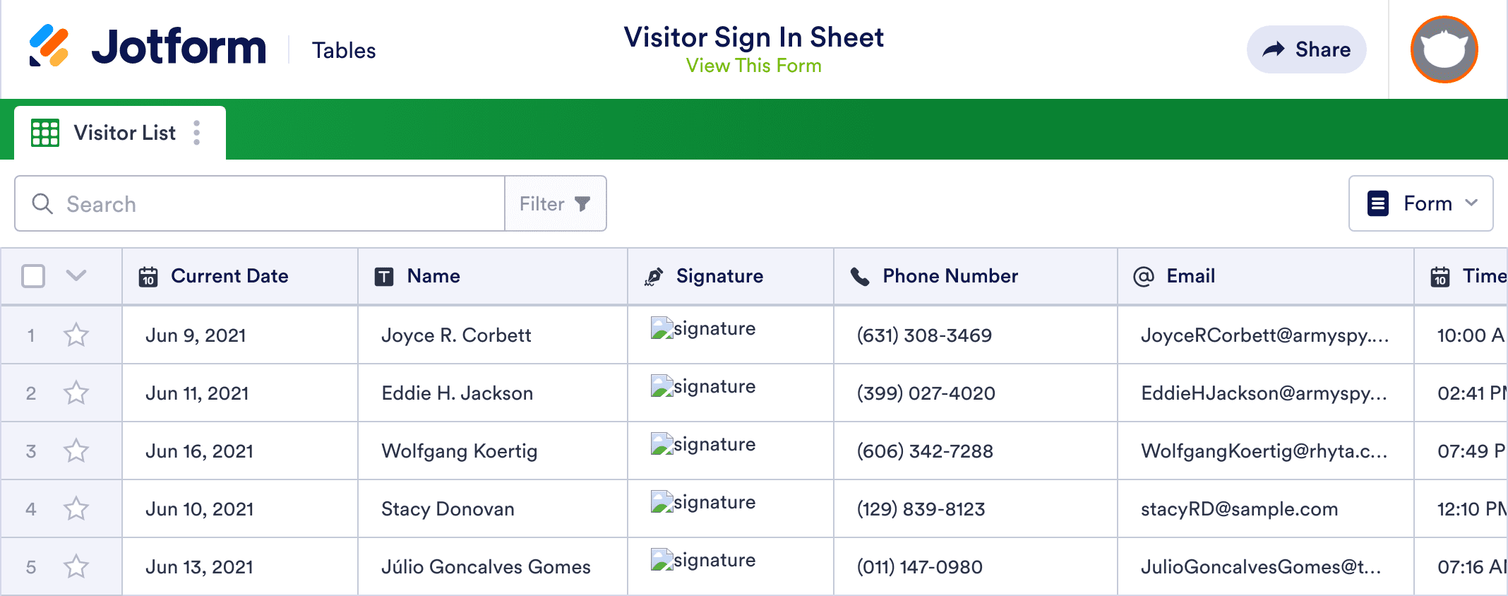 Visitor Sign In Sheet Template Jotform Tables