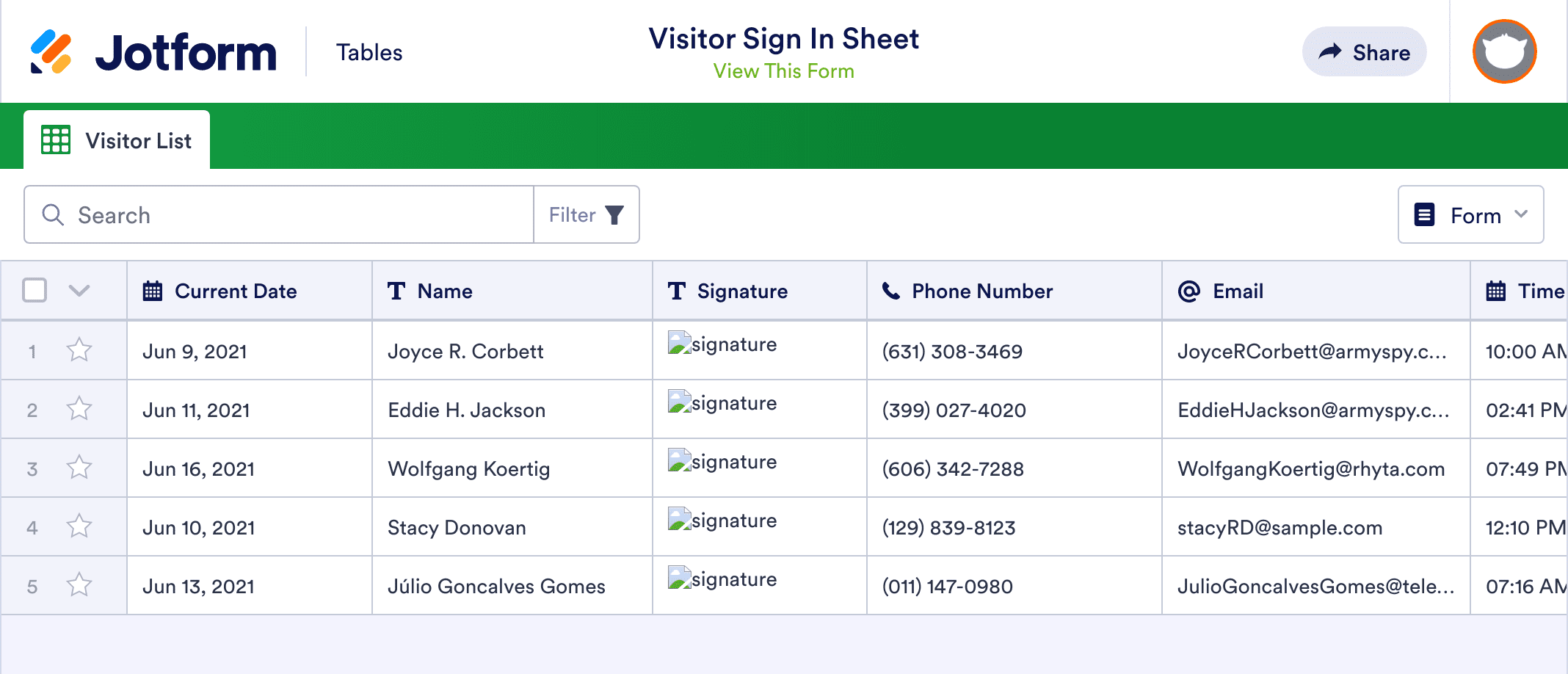 Visitor Sign In Sheet