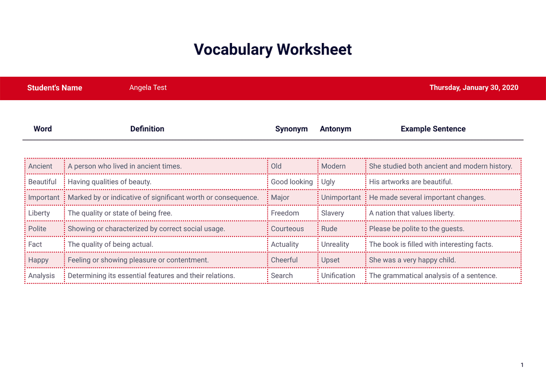 Vocabulary Worksheet Template 