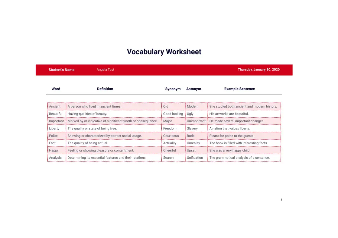Vocabulary Worksheet Template 