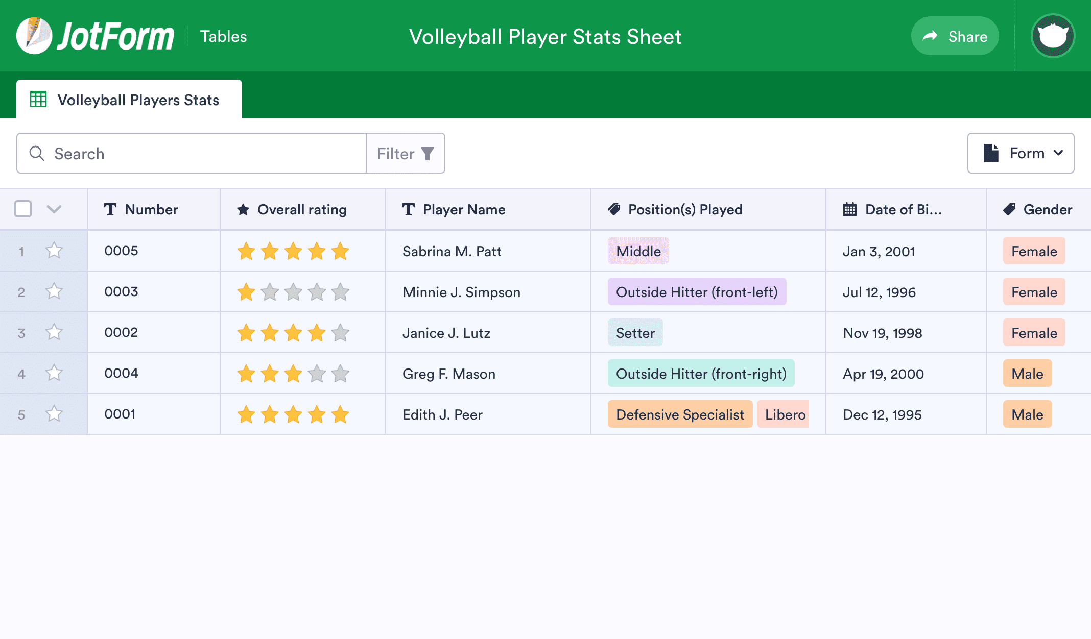 Volleyball Player Stats Sheet Template JotForm Tables