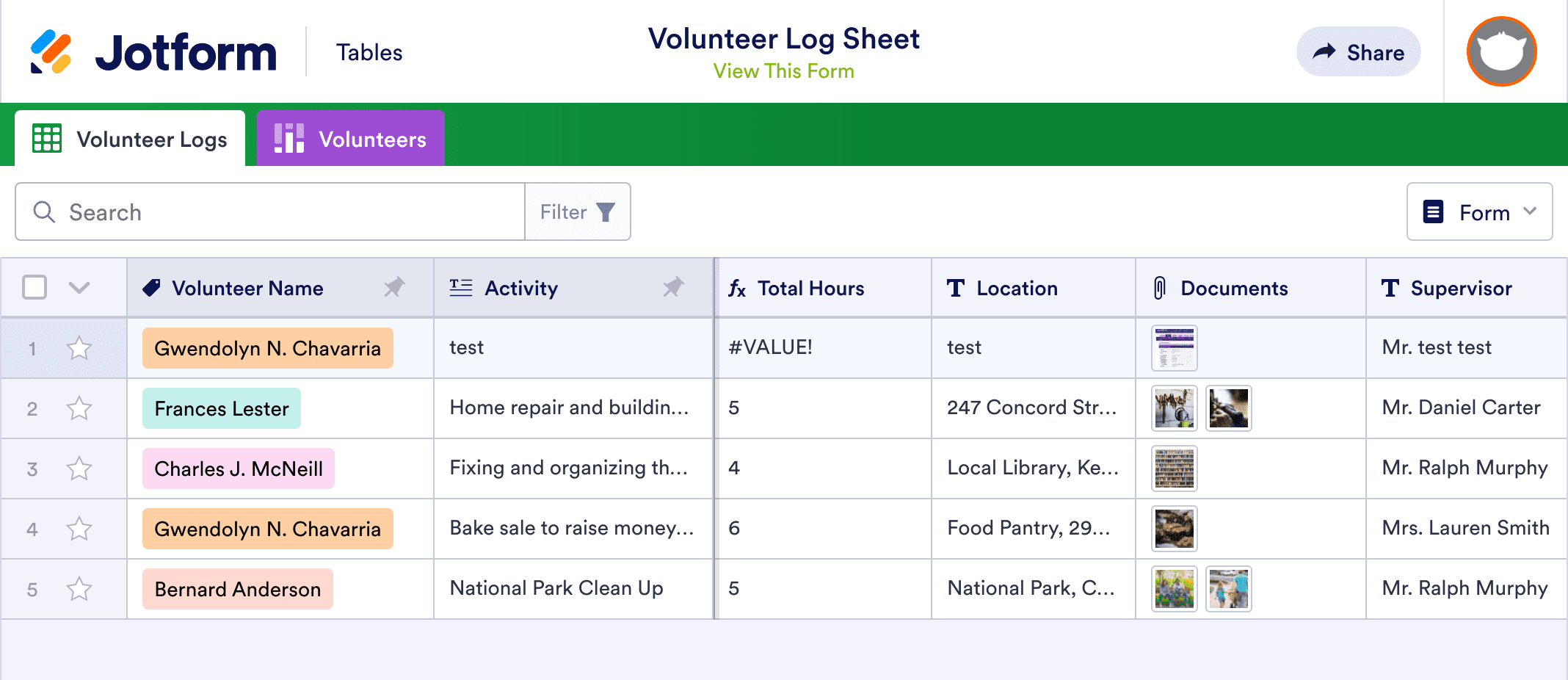 Volunteer Log Sheet Template | Jotform Tables