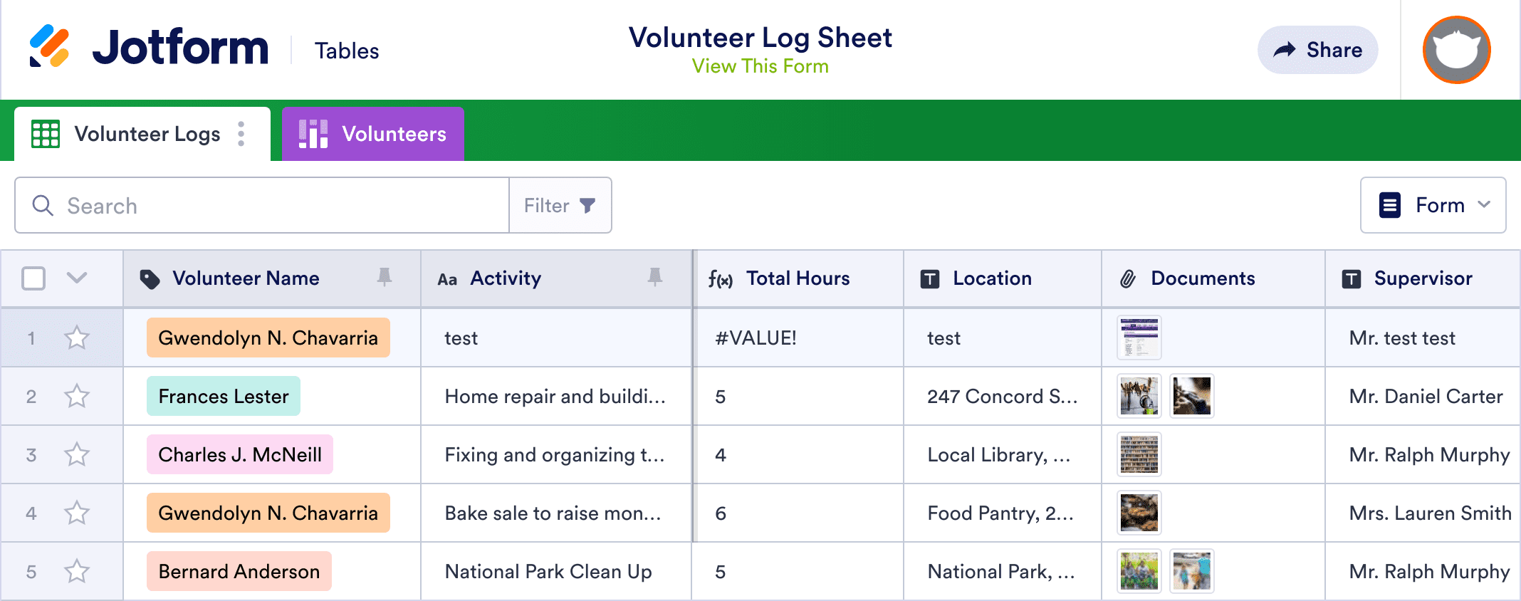 Volunteer Log Sheet Template | Jotform Tables