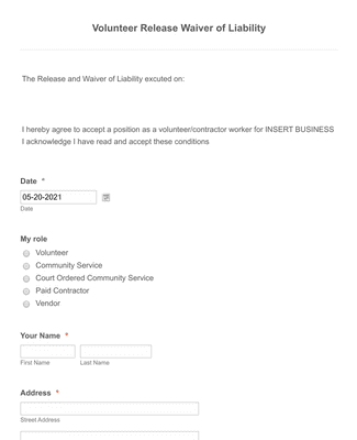 Form Templates: Volunteer Release and Waiver of Liability Form