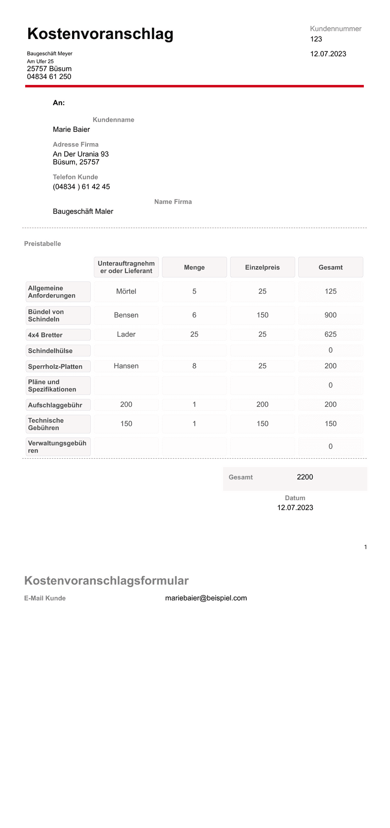 Vorlage Kostenvoranschlag - PDF-Vorlagen | Jotform