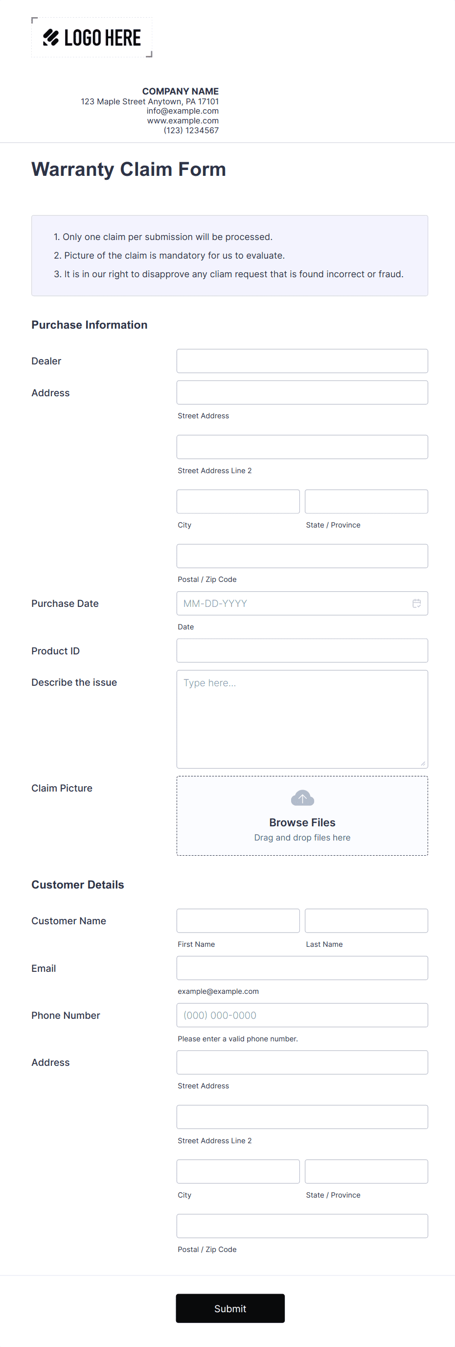 Template warranty-claim-form