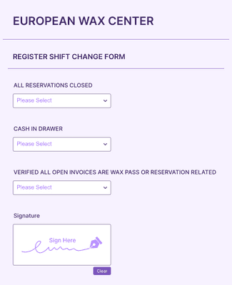 Form Templates: Wax Center Shift Change Form