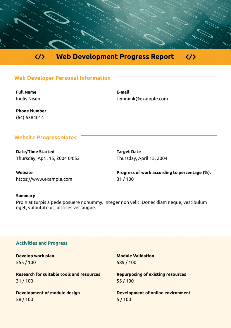 PDF Templates: Web Development Progress Report
