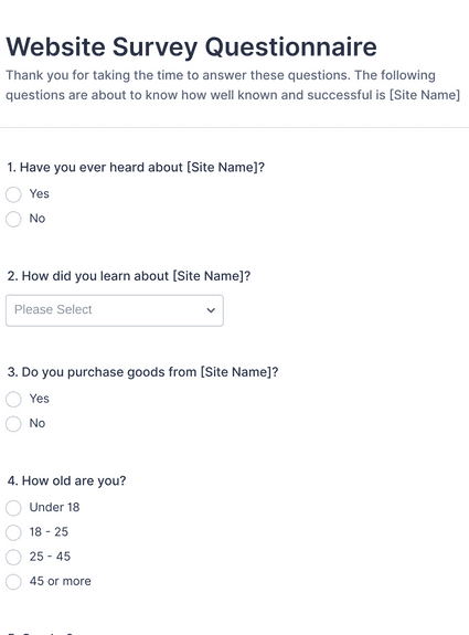 Form Templates: Website Questionnaire Form