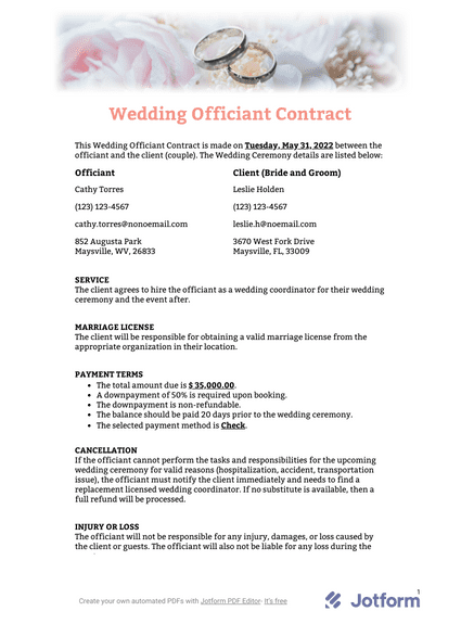 Wedding Officiant Contract Template