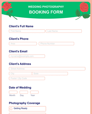 Form Templates: Wedding Photography Booking Form