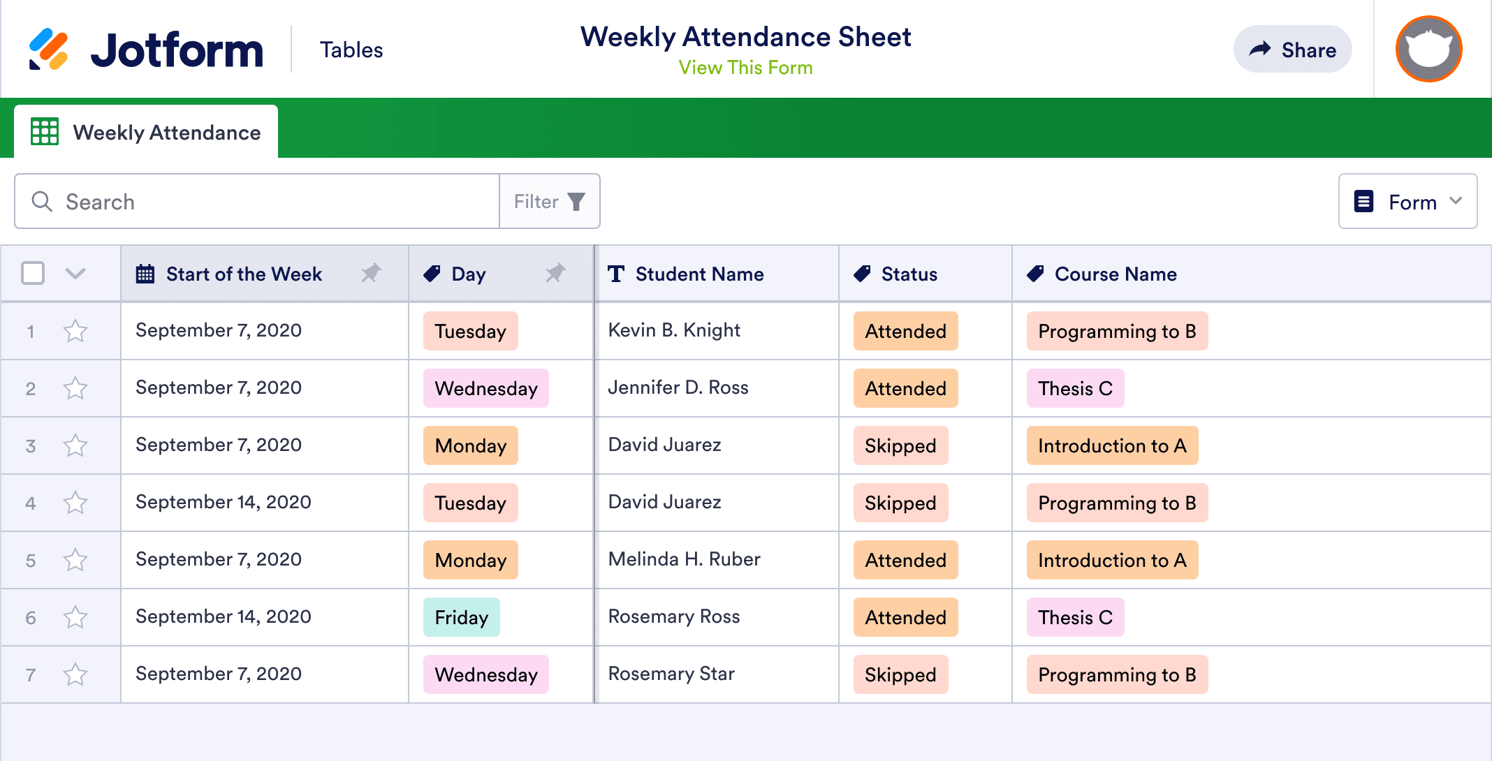 Weekly Attendance Sheet