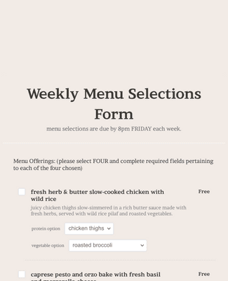 Weekly Menu Selections Form