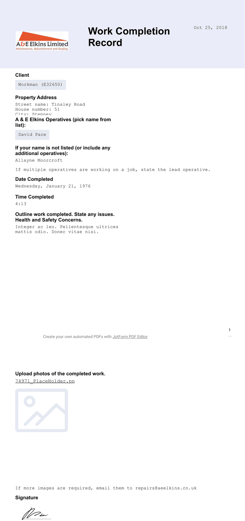 Work Completion Record Template