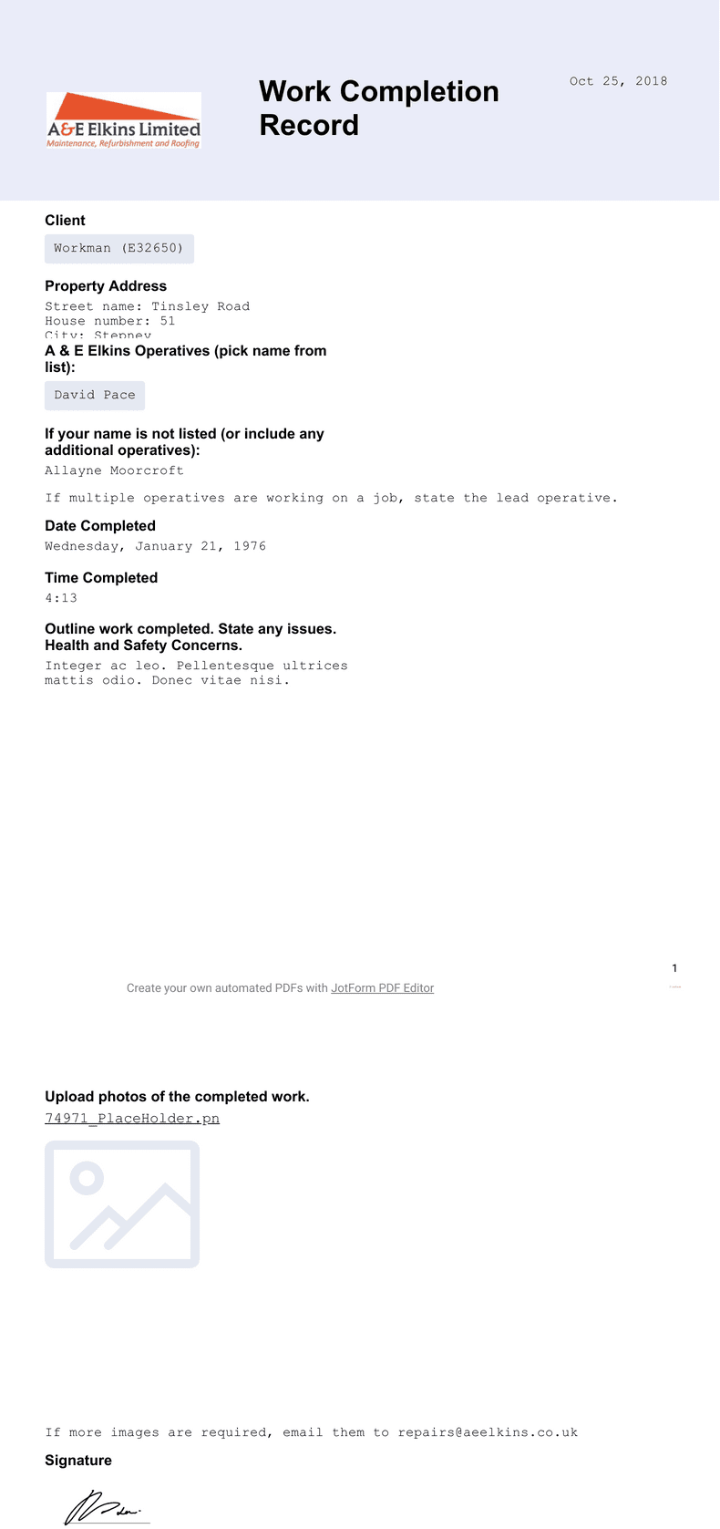 PDF Templates: Work Completion Record Template