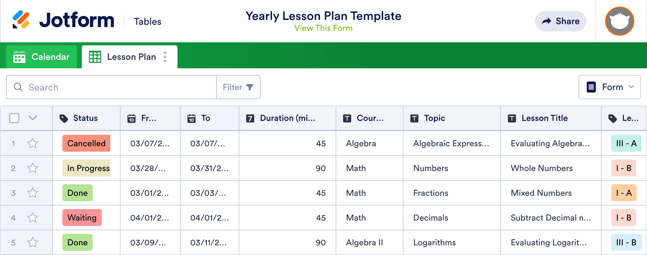 Yearly Lesson Plan Template | Jotform Tables