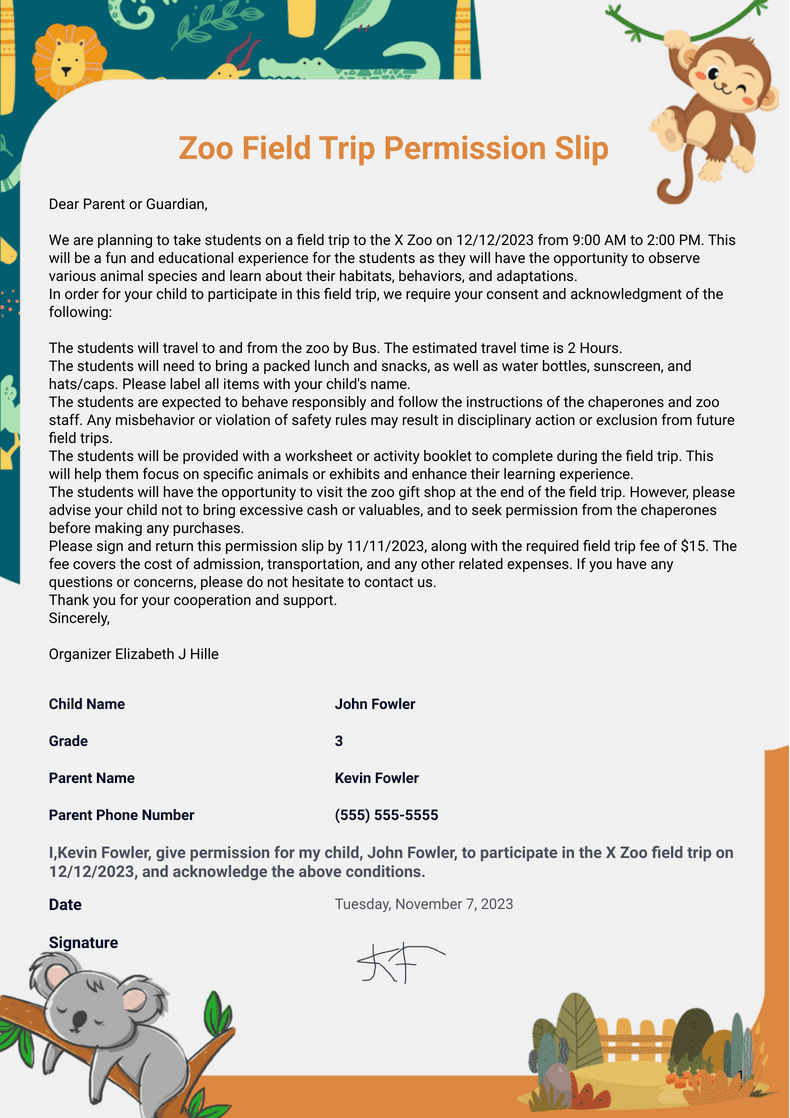Zoo Field Trip Permission Slip Template PDF Templates Jotform