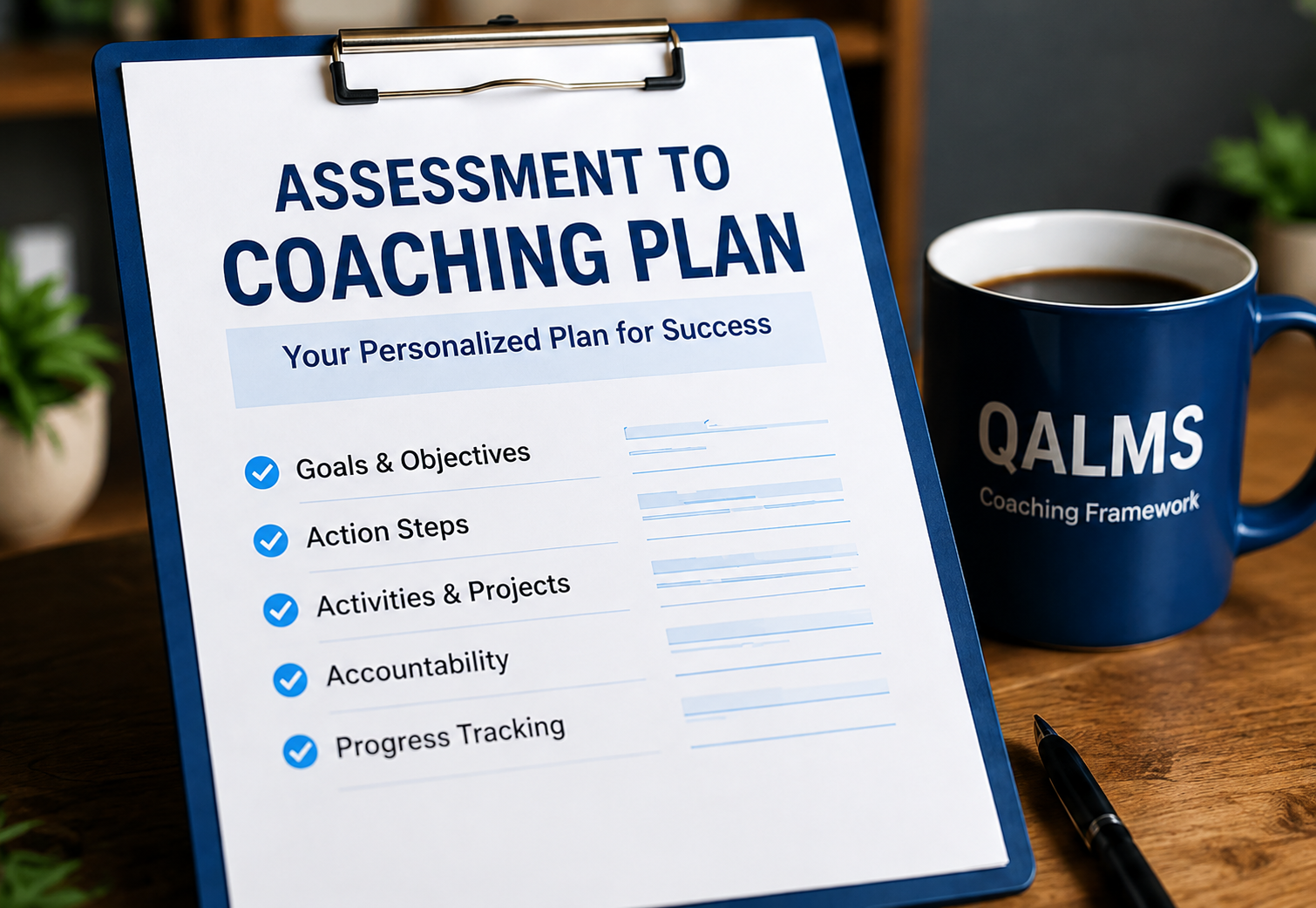 Assessment to Coaching Plan. This is the plan output from your assessment and choices. It will be delivered using our 30+ year coaching framework called QALMS. We strongly encourage you get the $99 course that teaches the framework. This tool will literally itemize the exact questions, activities, and learning projects to drive accountability for every single part of the coaching plan. In addition it will teach how to coach career motivation, which we call the motivator along with supplemental coaching strategies that allow you to prescribe coaching ultimately saving you time because it does not require your physical presence.